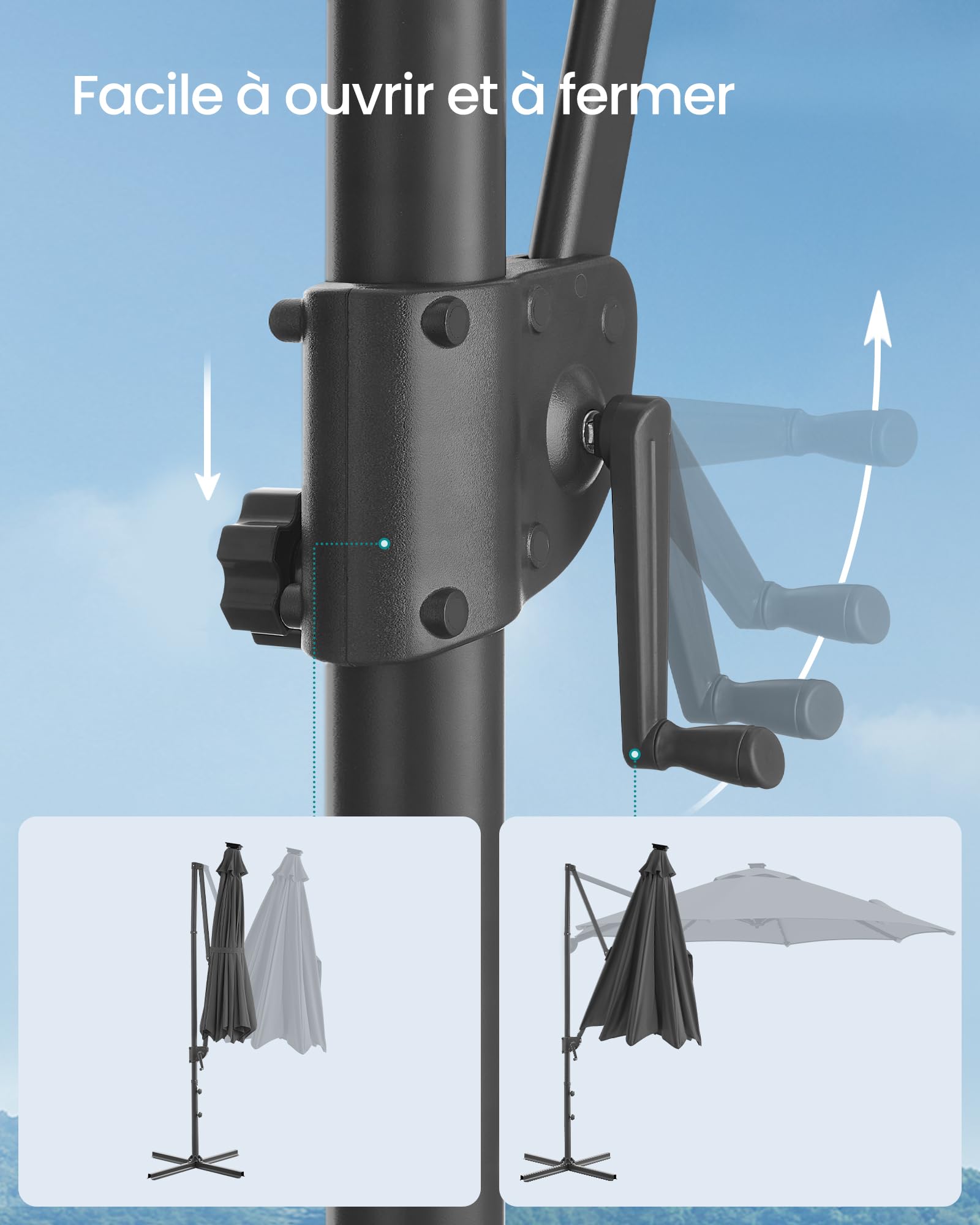 SONGMICS Parasol de Jardin 300 cm, 28 LED Solaires, UPF 50+, Parasol d Extérieur, Pivotant à 360°, Inclinaison Fluide, Manivelle, avec Base en Croix, Gris GPU047G02