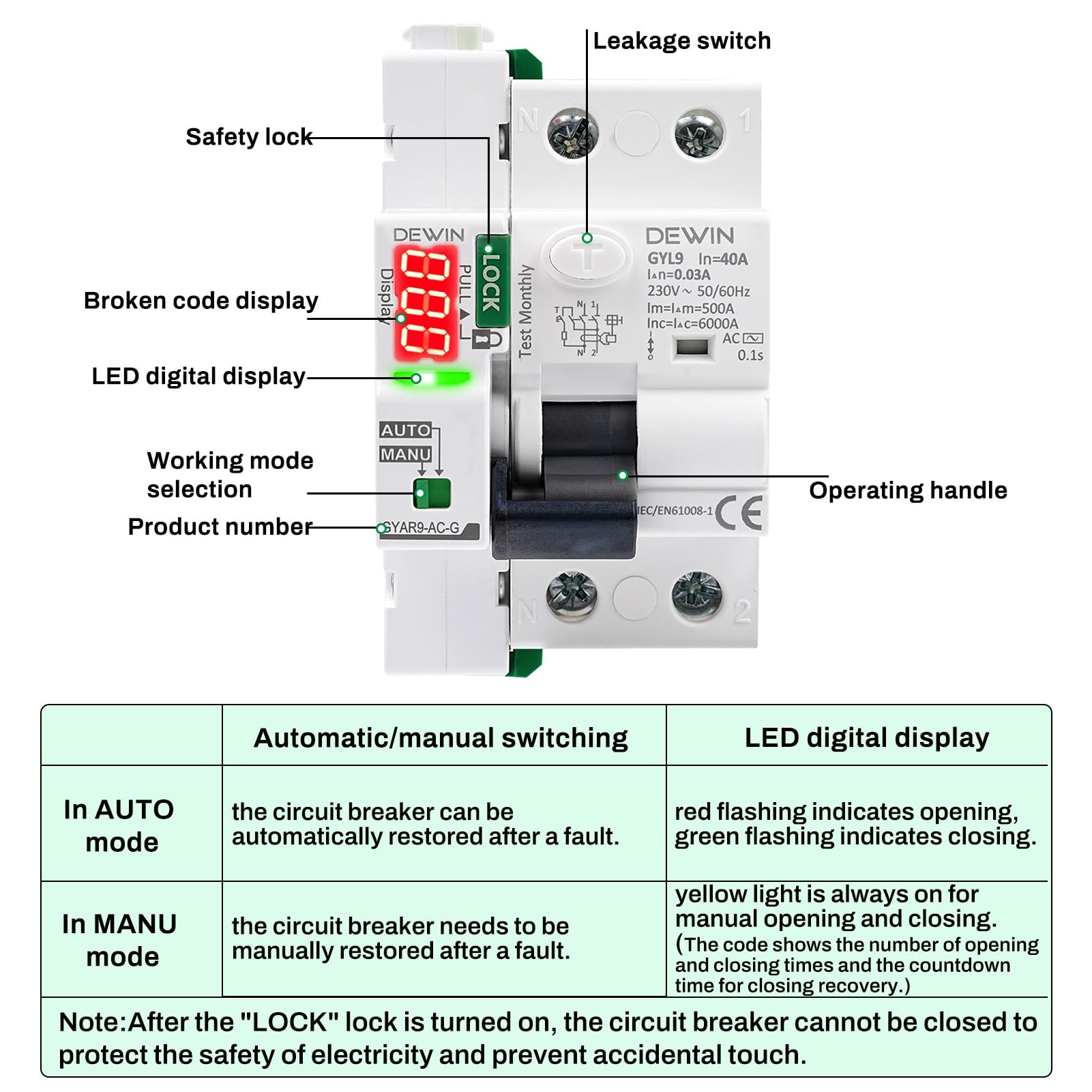 DEWIN 40A 30mA Salvavita con Riarmo Automatico con display a LED,Restart 40A Interruttore Differenziale a Riarmo Automatico (30mA Type AC)