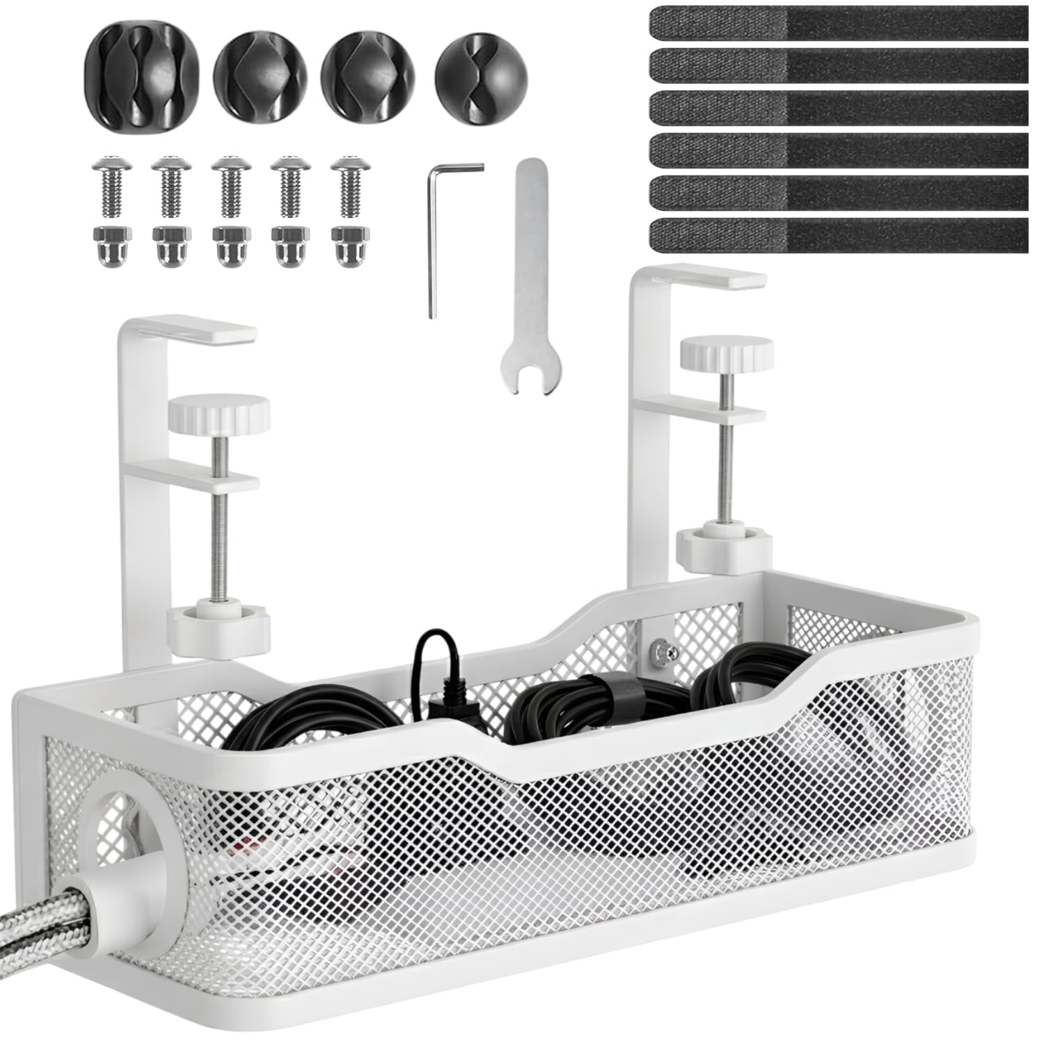 Under Desk Cable Management Tray | Metal Wire Organizer with Clamp Mount | No Drill Cord Holder for Power Strip& Network Cables | Adjustable Cable Tray for Office & Home Setups (White)-image-31
