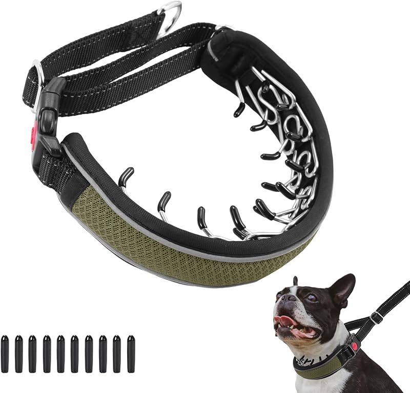 Coleira Martingale para Cães com Corrente de Aço Inoxidável, Nylon Reforçado e Faixas Refletivas AaufiLux Army Green (S)