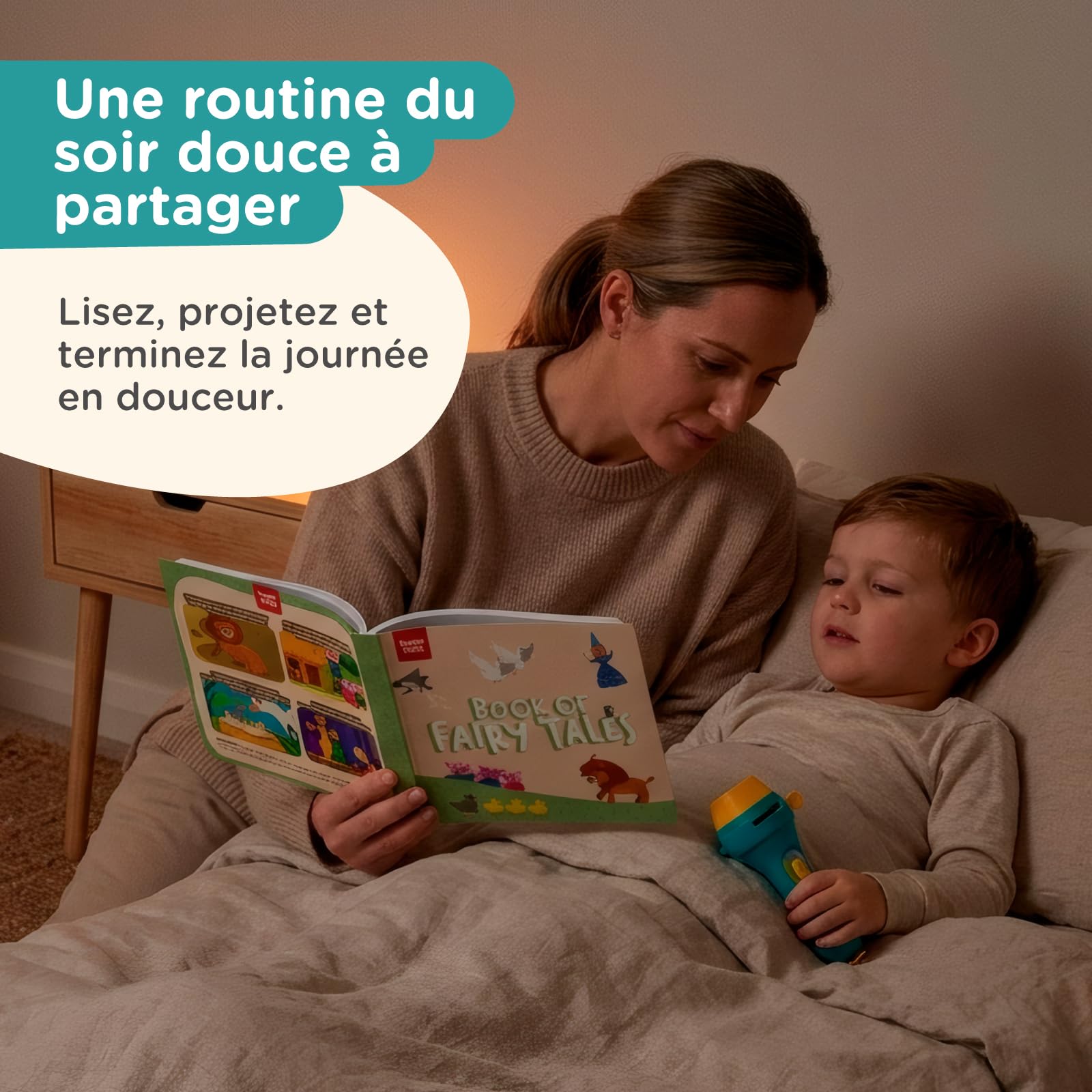 Nene Toys Livre de Contes avec Projecteur Lampe Torche & Marionnettes d’Ombres pour Enfants dès 3 Ans – 4 Histoires Classiques en 5 Langues, Coffret d’Histoires du Soir