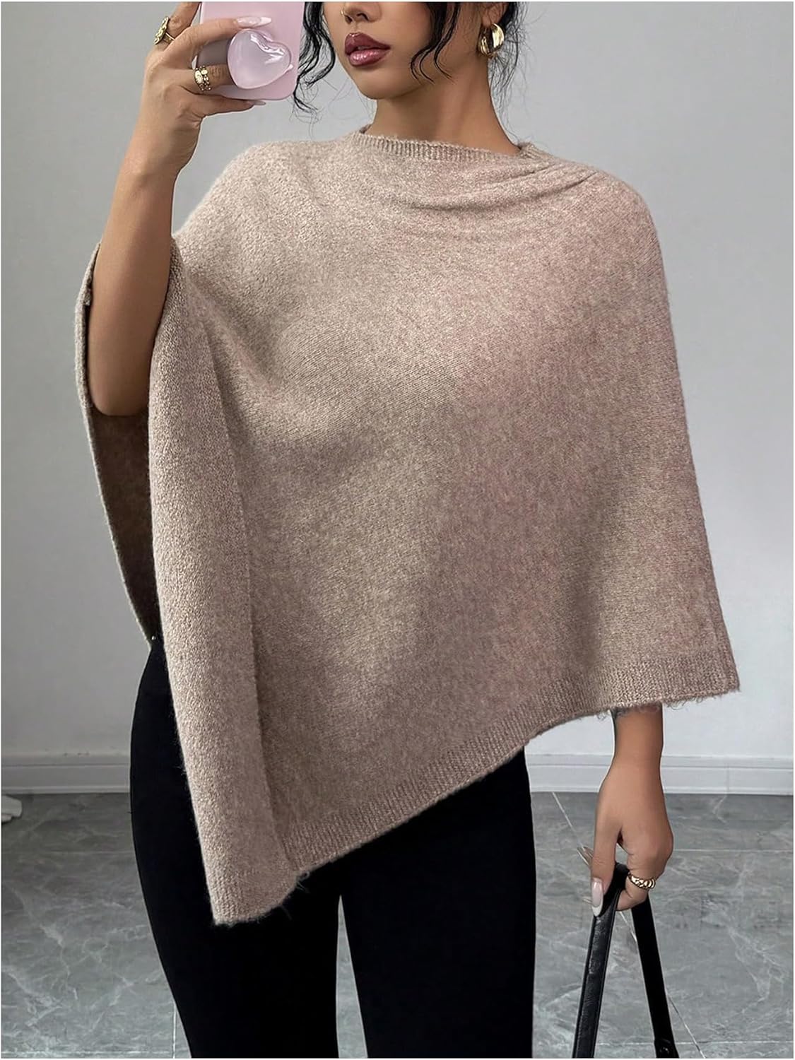 Women's Ponchos Sweater Shawl Wraps Knit Poncho Cape Boat Neck Asymmetrical Pullover Tops - Image 5