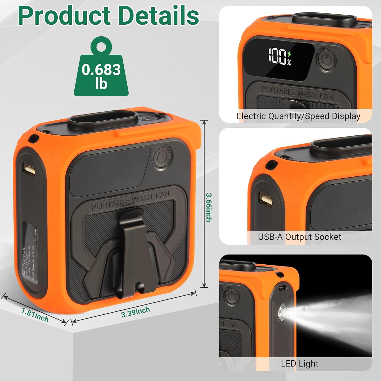 Portable Waist Fan with 5 Speeds & LED Flashlight & 10000mAh Power Bank for Smart Phone Birthday Gift Personal Waist Belt Wearable Cooling Fans for Outdoor Camping Travel Adventure