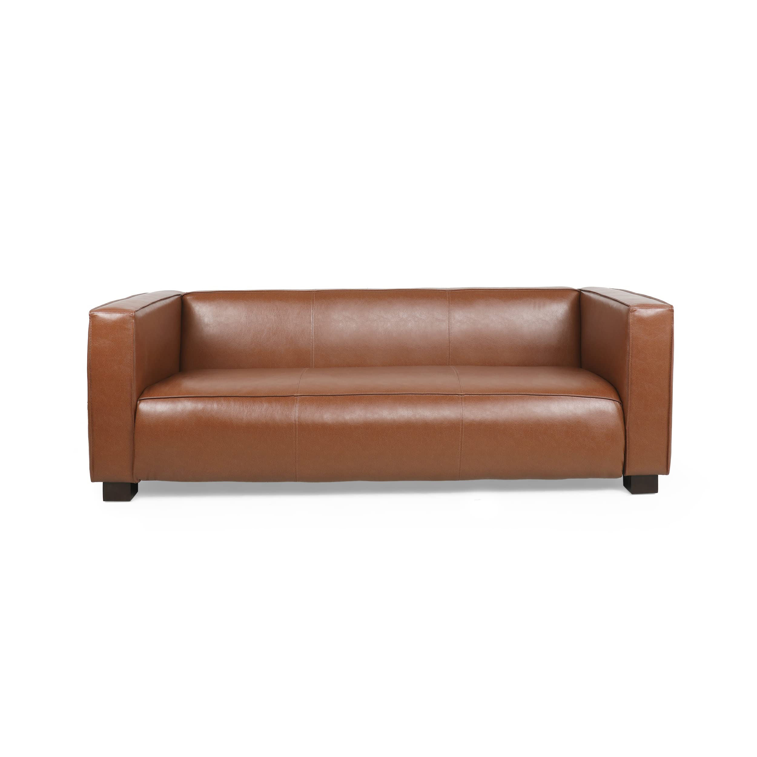 Goyette 3 Seater Sofa - Faux Leather - Cognac Brown/Dark Walnut