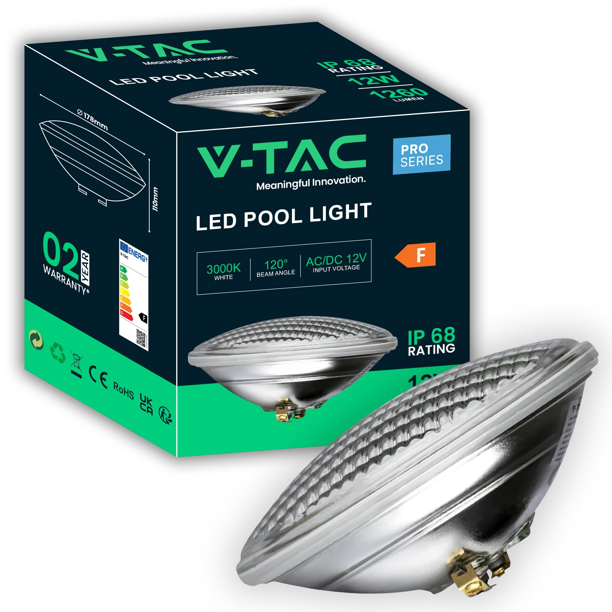 V-TAC Lampada Led da Piscina 12W - PAR56 - Lampada in Vetro Antiurto per Illuminazione Piscine e Fontane - 1260 Lumen - Luce Subacquea - Risparmio Energetico - IP68 - Luce Calda