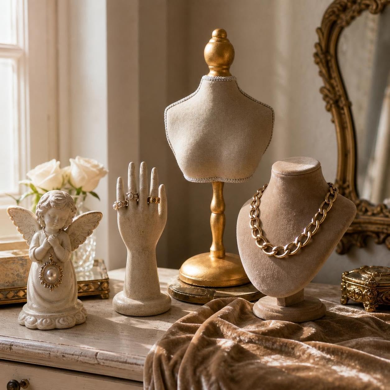 Présentoir à bijoux mannequin luxe rétro fait main pour l'organisation et l'exposition, pour rangement - pour présentoir, Présentoir à bijoux en velours, blanc