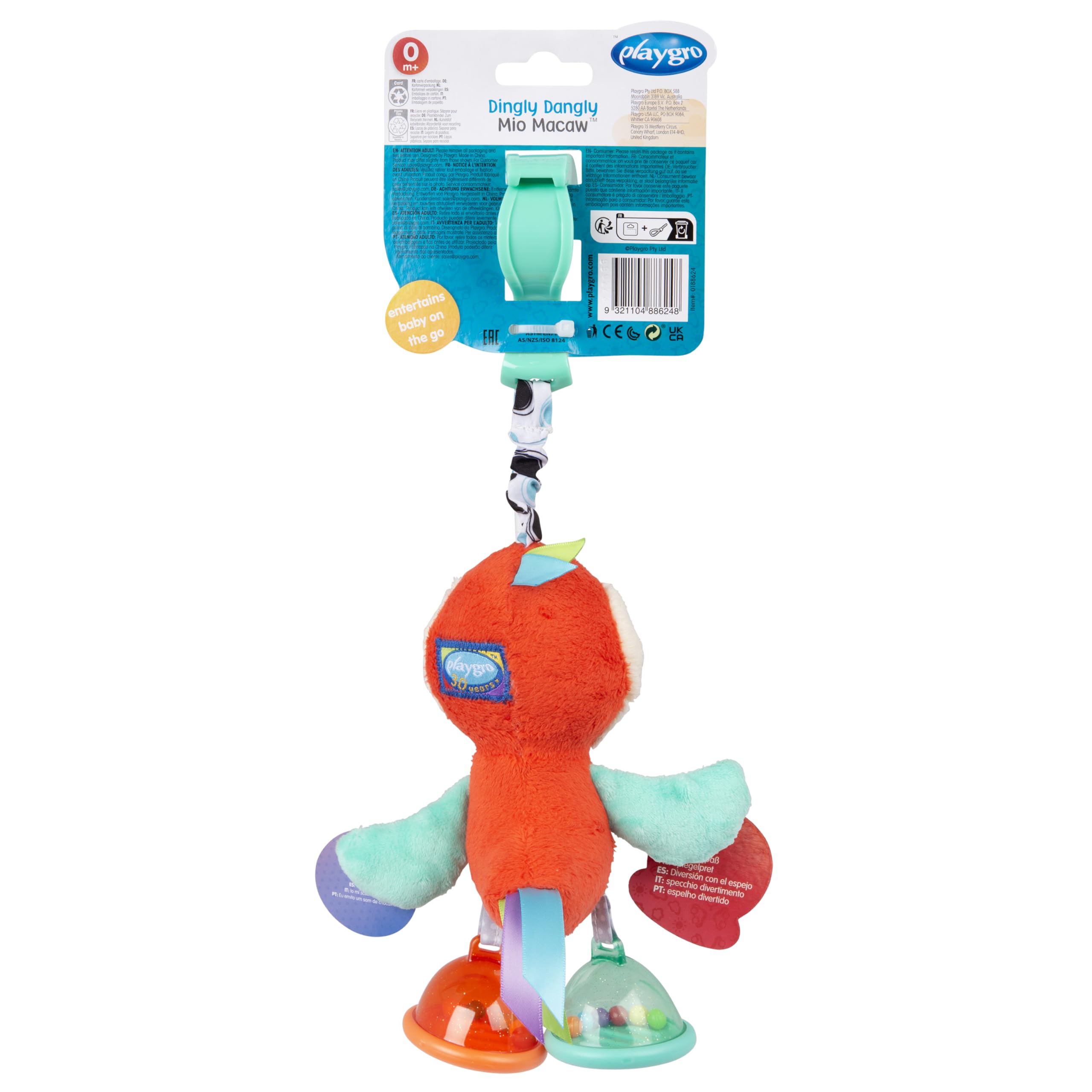 Playgro Dingly Dangly Mio Macaw Baby Toy - Interactive Sensory Development Toy, Crinkle Wings, Teether Foot - Easy Attach Clip - Infant Play Essential, Vibrant Colors