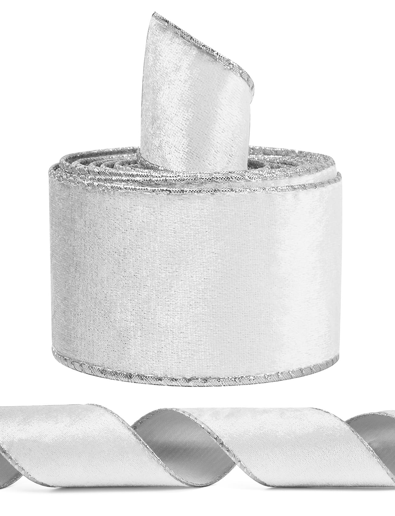 White Wide Velvet Ribbon Wired for Christmas Tree, Garland, Wreath, 2.5 Inch 5 Yards