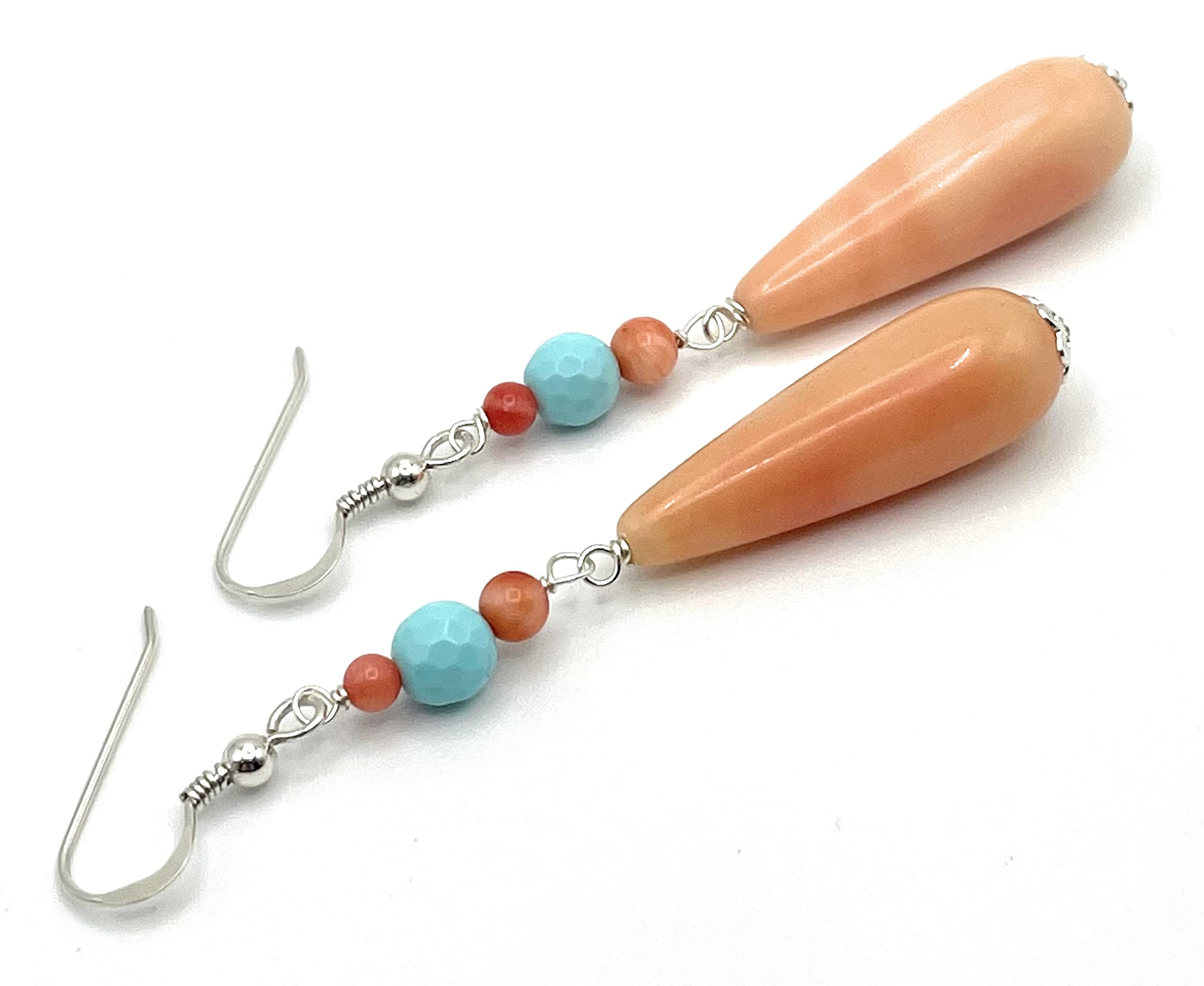 Pendientes Colgantes Largos de Plata 925 y Lagrimas Rosas Coral y Turquesa, Joyas Artesanales, Regalo para Mujeres