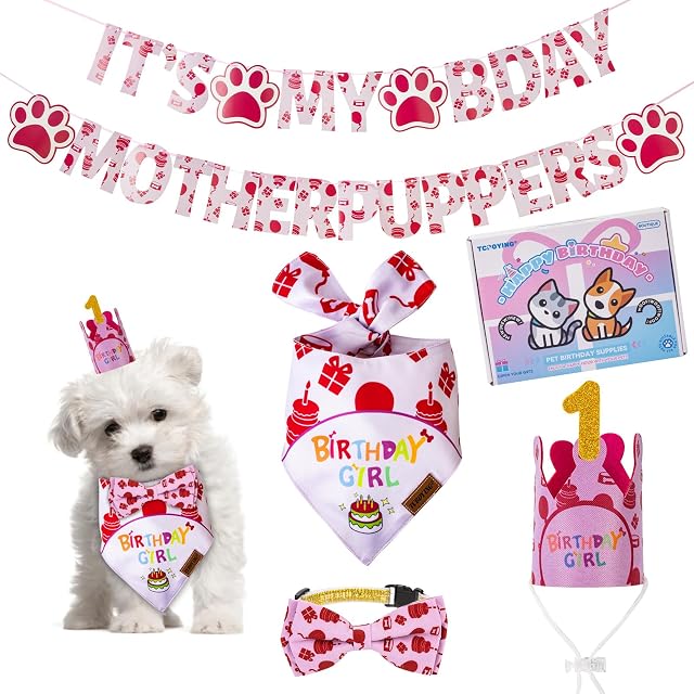 TCBOYING Dog Birthday Party Supplies Multi Size Offered Dog Birthday Bandana Banner Girl Hat Bow Tie with Numbers