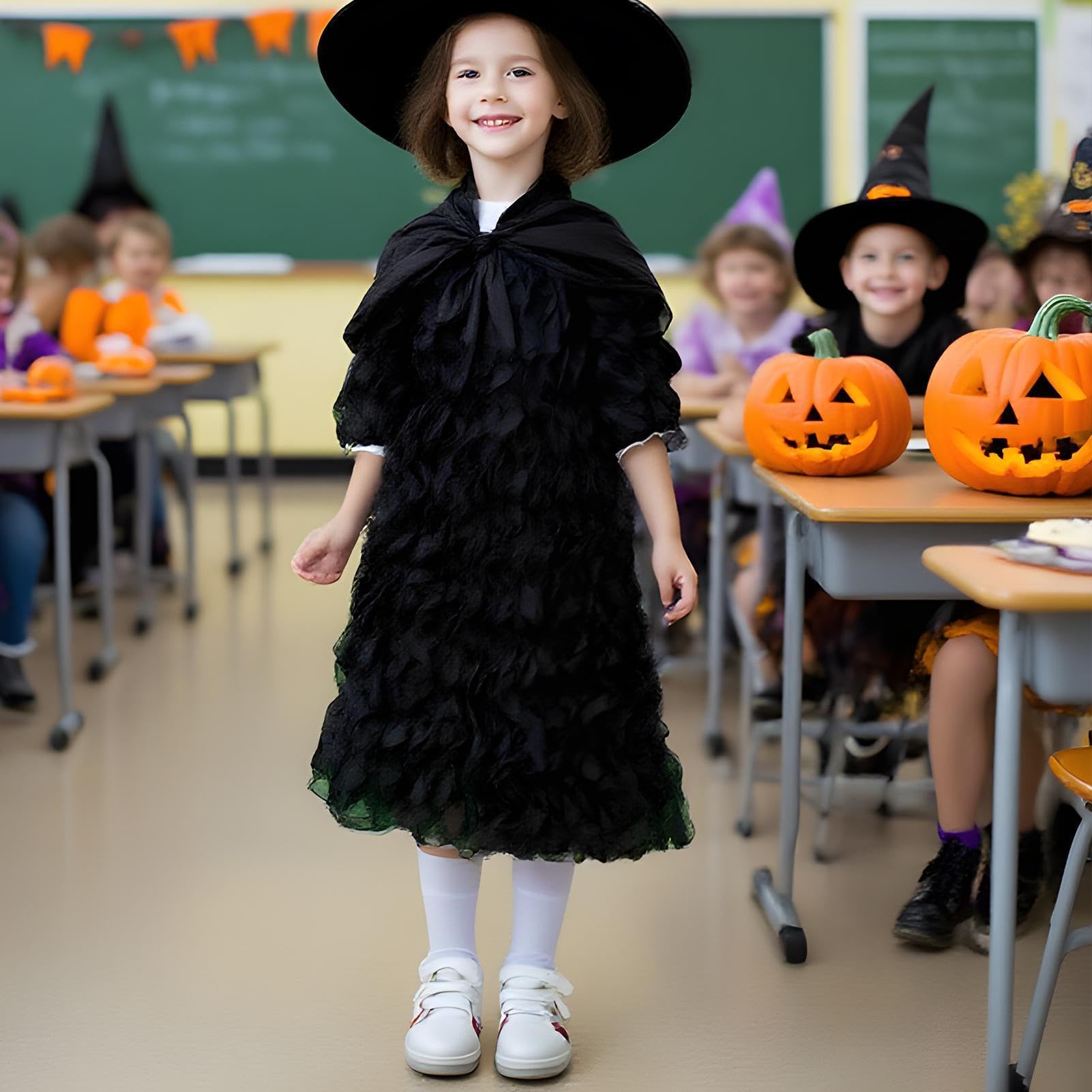 Komplet stroju czarownicy Oddychające Przebranie Klasycznego Horroru | Halloweenowy Zestaw Sukienki Czarownicy Na Imprezy W Nawiedzonym Domu, Występy Sceniczne, Dla Córek I Uczennic 5-12 Lat