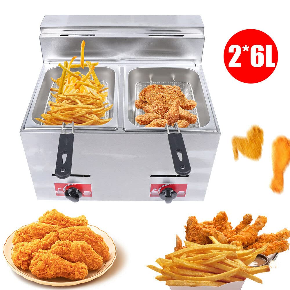12L Dual Tanks Commercial LPG Gas Deep Fryer w/ 2 Fry Baskets High Capacity Countertop Kitchen Stainless Steel Frying Machine for French Fry Restaurants Supermarkets Fast Food Stands (Type B)