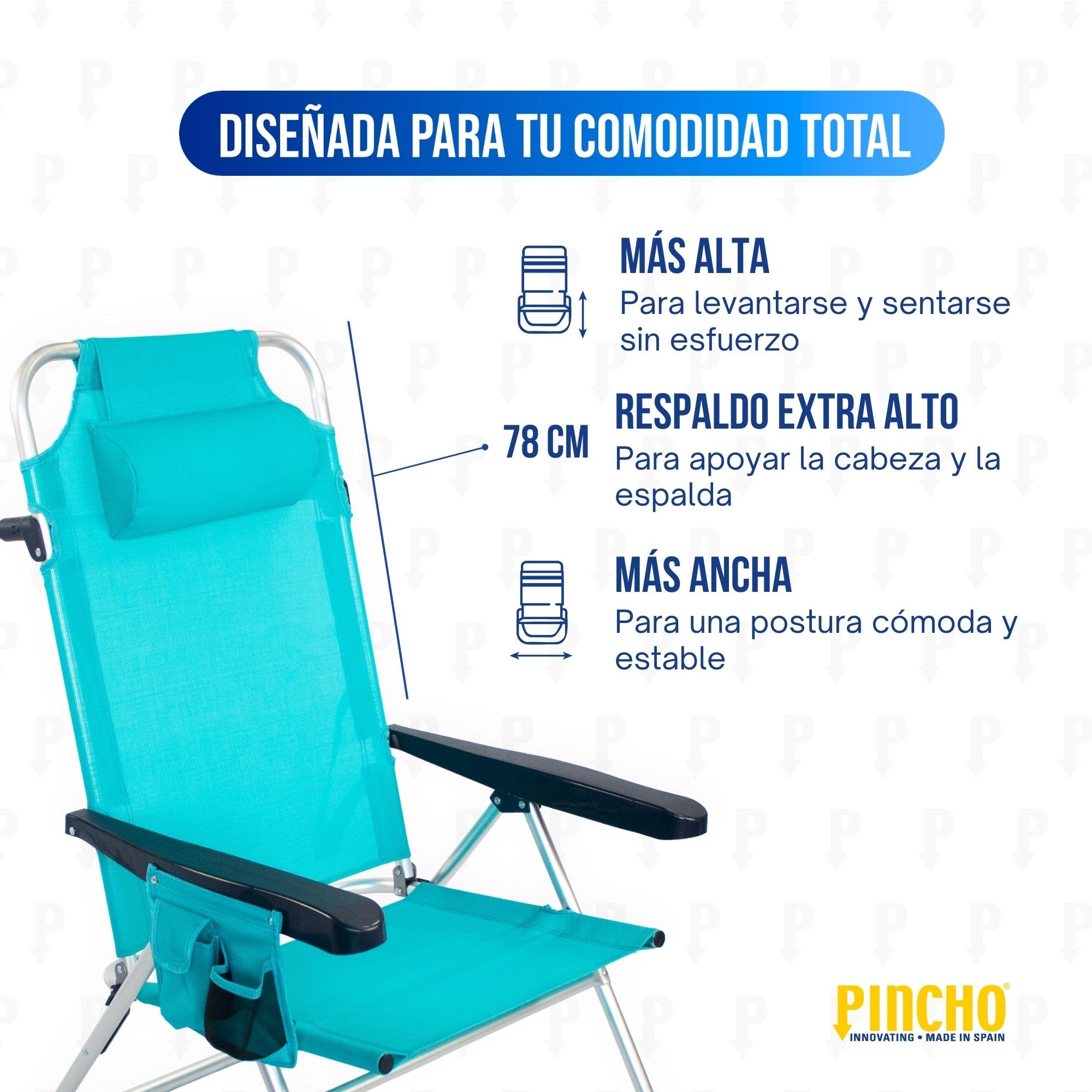 Pincho Silla Playa Plegable, Sillon Alto con Cojín, Reclinable, Altura del Asiento 29,5 cm, Asa de Transporte, Bolsillo para Movil y Bebida Textileno Resistente, Jardin, Camping, Hamaca (Turquesa, 2)