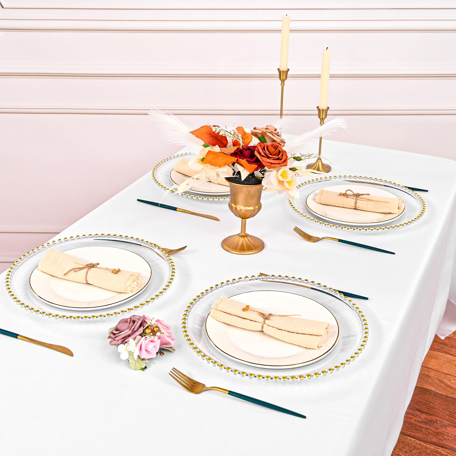 Lot de 24 assiettes rondes transparentes avec bord perlé - Assiettes de service décoratives en plastique acrylique de 33 cm pour fête de mariage, événement, table de cuisine (doré)