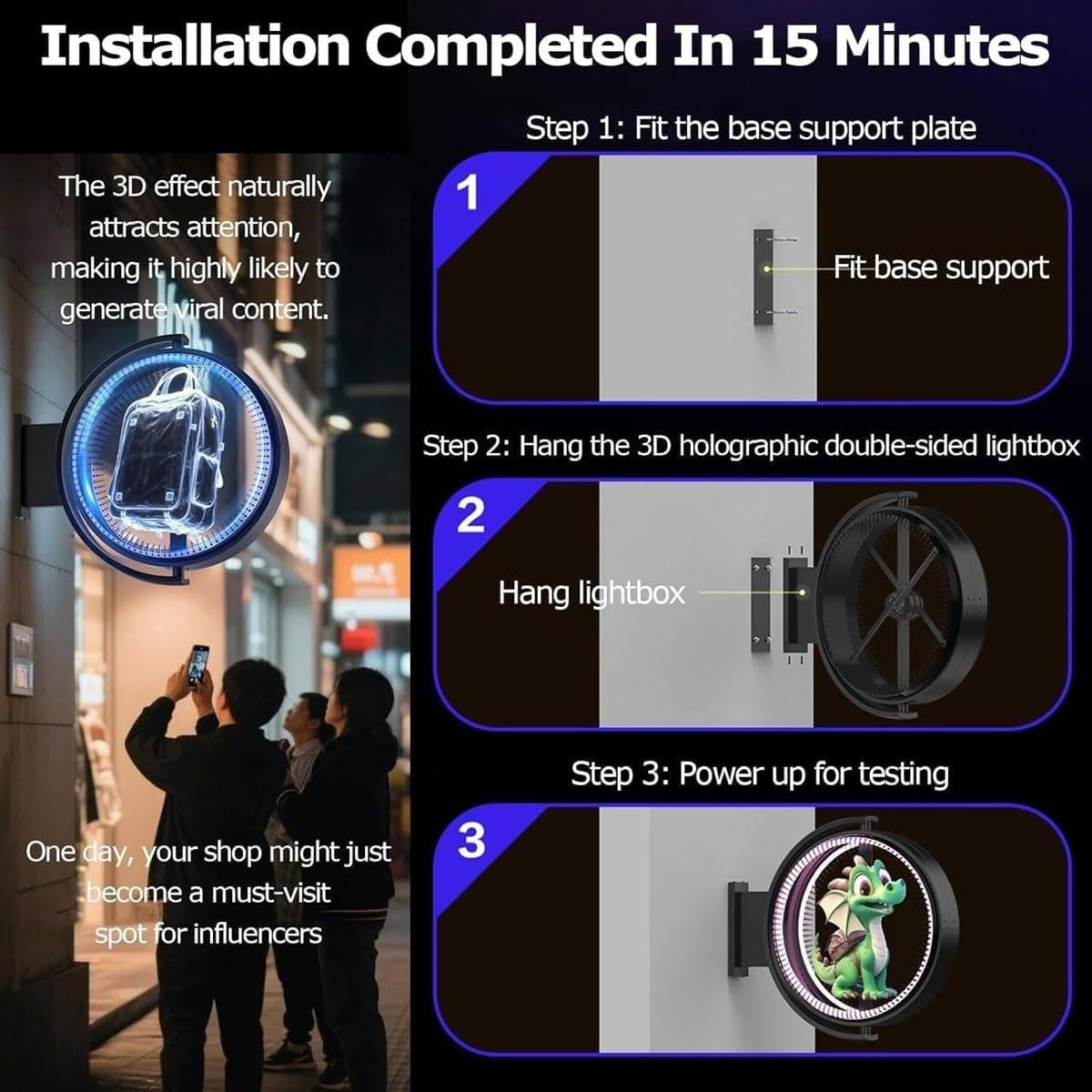 Proyector holográfico 3D, Pantalla publicitaria 3D de Doble Cara, Letrero LED Giratorio Resistente al Agua, con imágenes y Videos Personalizados, para Negocios 50cm