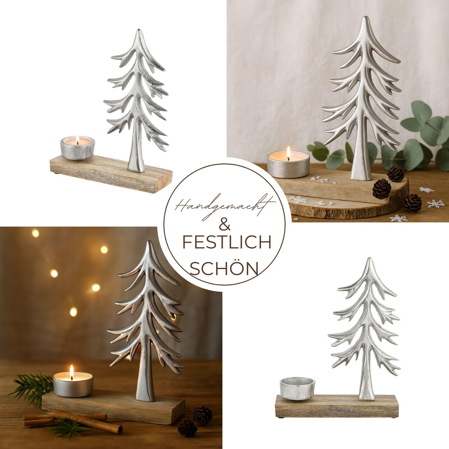 Portavelas Xmas 1, Plata, Juego de 2, Aluminio con Base de Madera, 20 cm