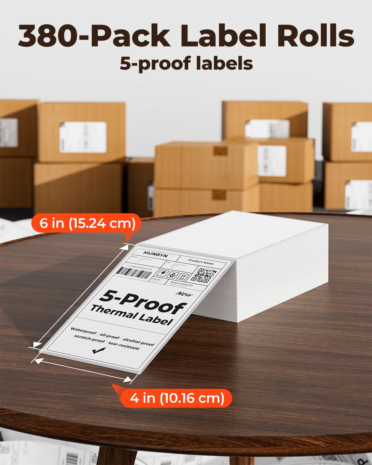 MUNBYN Etiketten Fünf widerstandsfähige Thermoetiketten 4×6 DHL Versandaufkleber 380 Etiketten/Stapel 10.2cm x 15.2cm Hoher Definition Thermoetiketten Selbstklebende für Labeldrucker 4XL