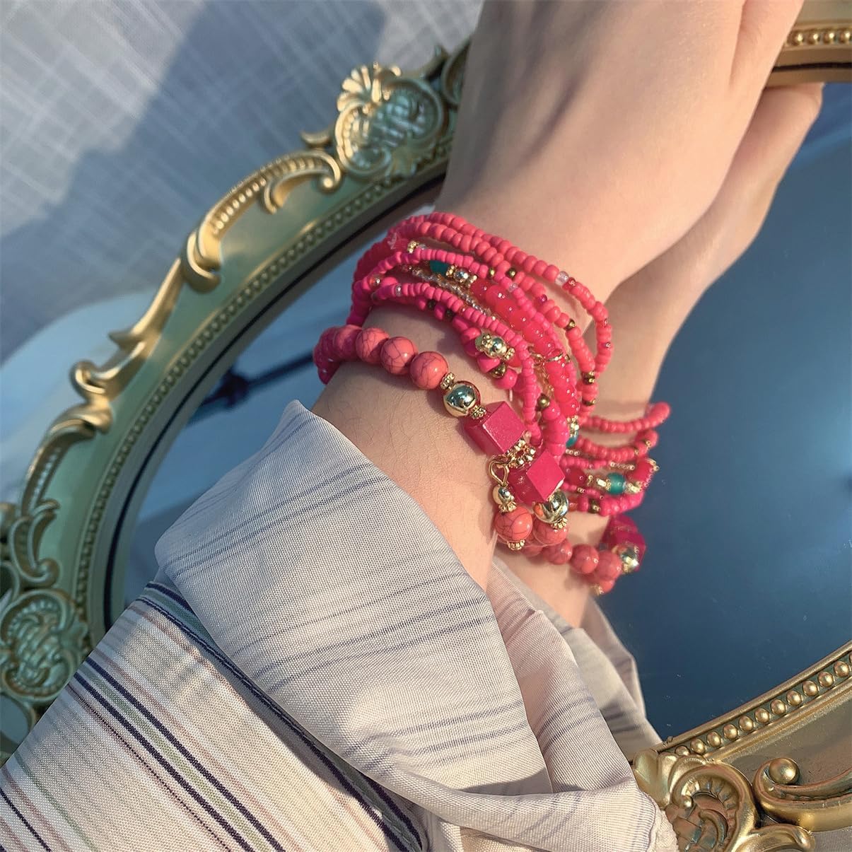 8Pcs Bohemian Stackable Beaded Bracelets Set for Women,Handmade Layered Strand Bead Bracelets, Boho Crystal Elastic Stretch Bracelets for Women - Image 2