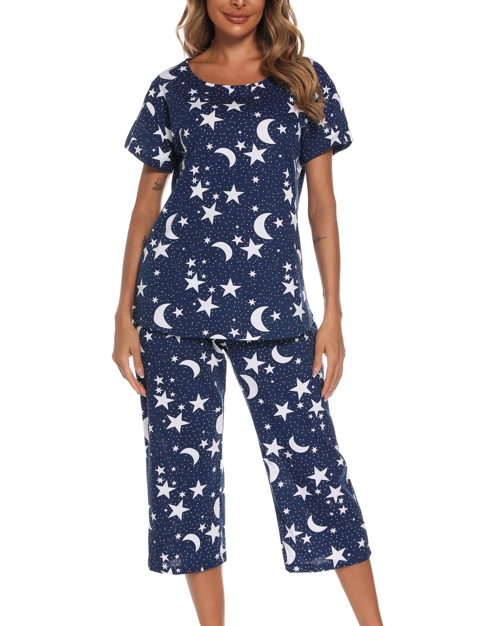 ENJOYNIGHT - Pijama corto para mujer, de manga corta, con pantalones de dormir de 3/4, ropa de dormir de dos piezas, de S a 3XL