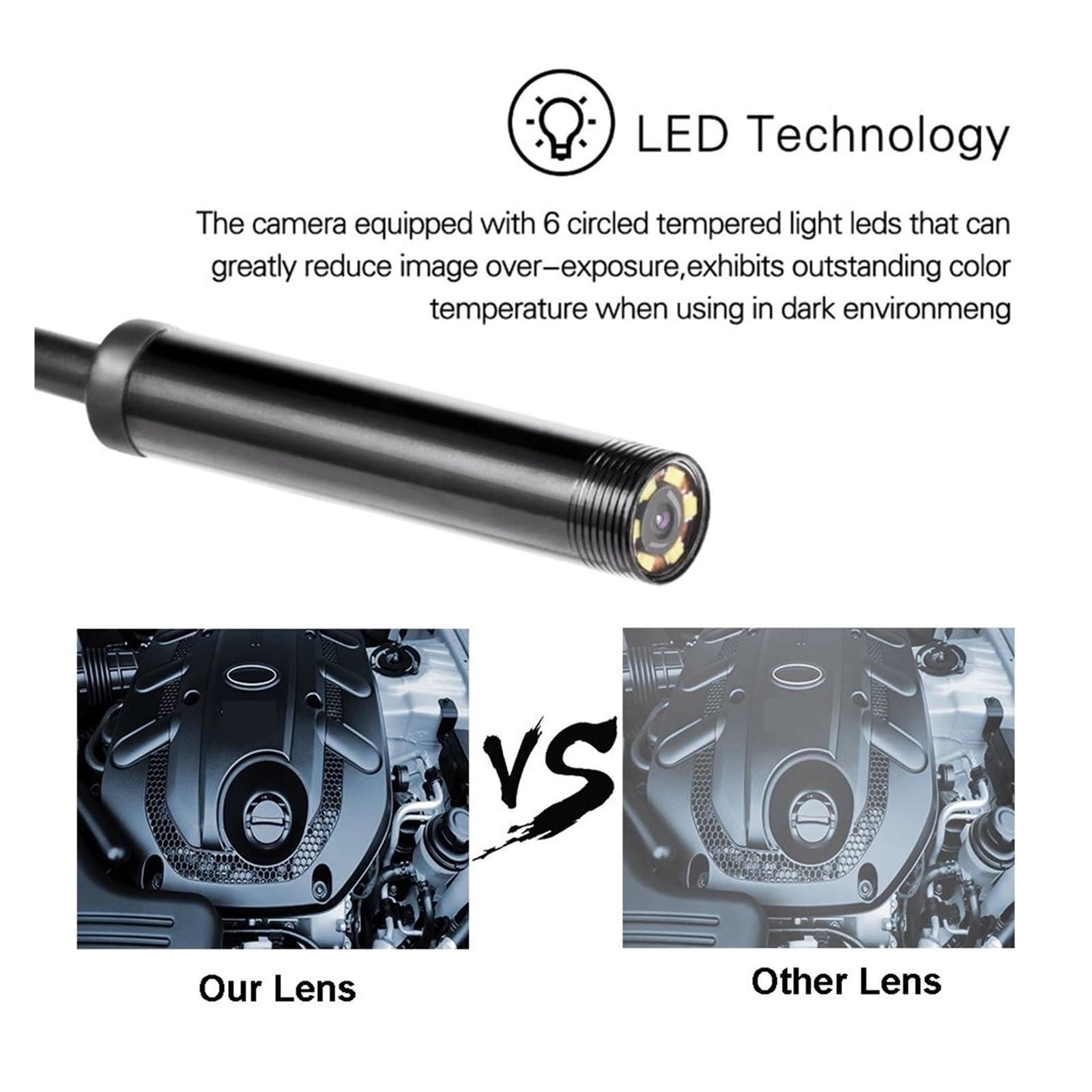 Industrielle Endoskopkamera 7 mm, IP67 wasserdicht, Inspektions-Boreskop, 6 LEDs, verstellbar, Kfz-Anschluss, USB Typ-C, Micro-USB