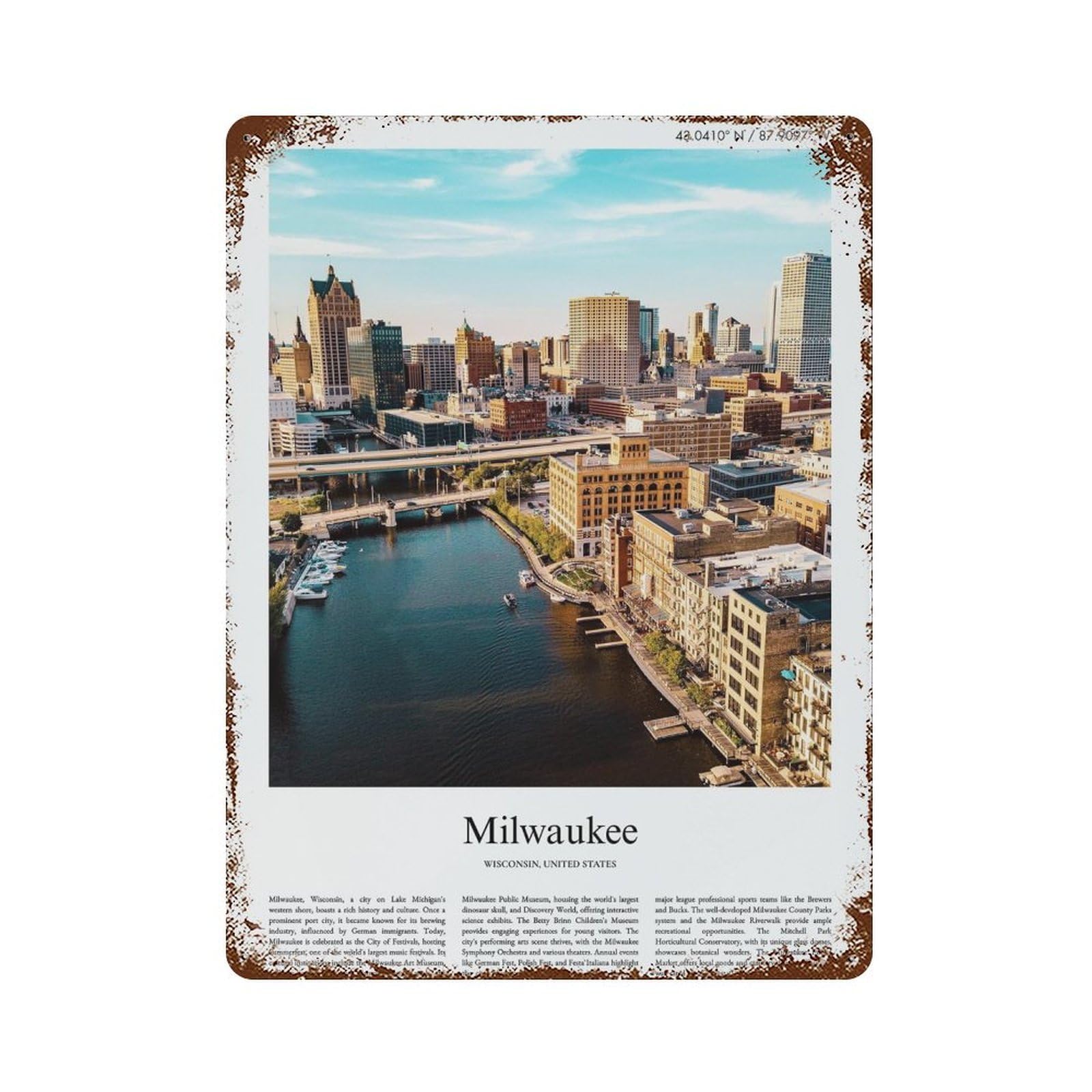 xiaoxiaoshen Milwaukee Wisconsin, United States, USA City Scenery Wall Decor Art Metal Tin Poster Modern Home Decor Art Home Bar Shop Decorations Vintage Sign 40x30cm