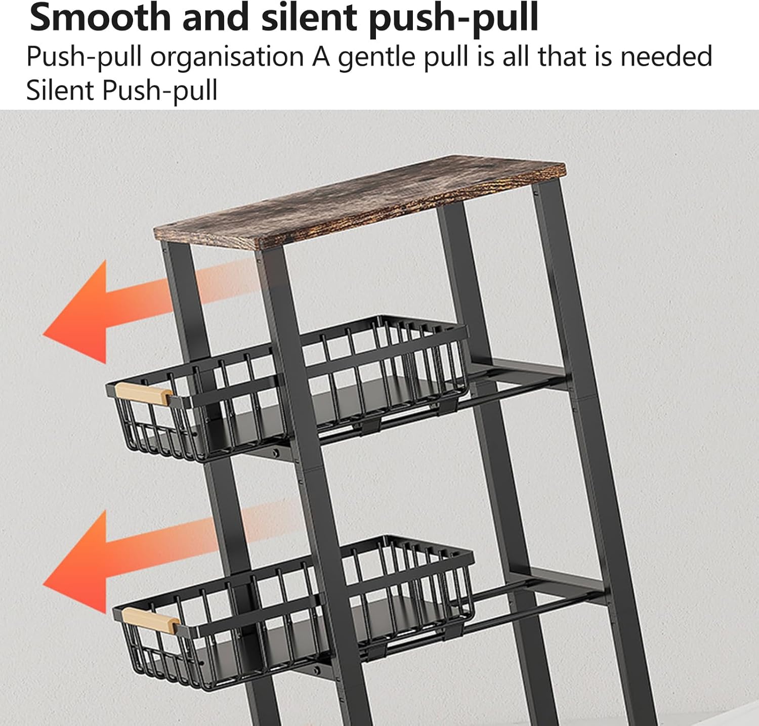 Kitchen Storage Cart Slim Rolling Cart On Wheels,5-Tier Skinny Kitchen Island Utility Organizer Storage Cart with Pull-Out Baskets and Wood Top,Mesh Fruit Basket Cart with Handle