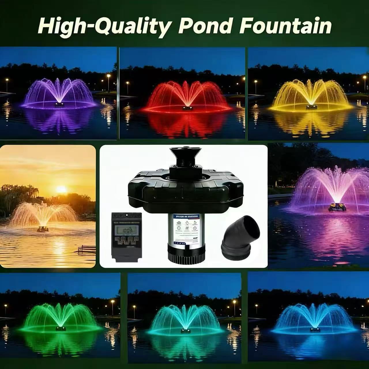 Pond Fountain Aerator,Pond Fountain, 1 HP with Dynamic LED RGB Lighting, Adjustable Modes, Digital Timer | 15,000 GPH, 750W 110V, 100FT Cord - for Large Ponds, Lakes & Outdoor Water Features