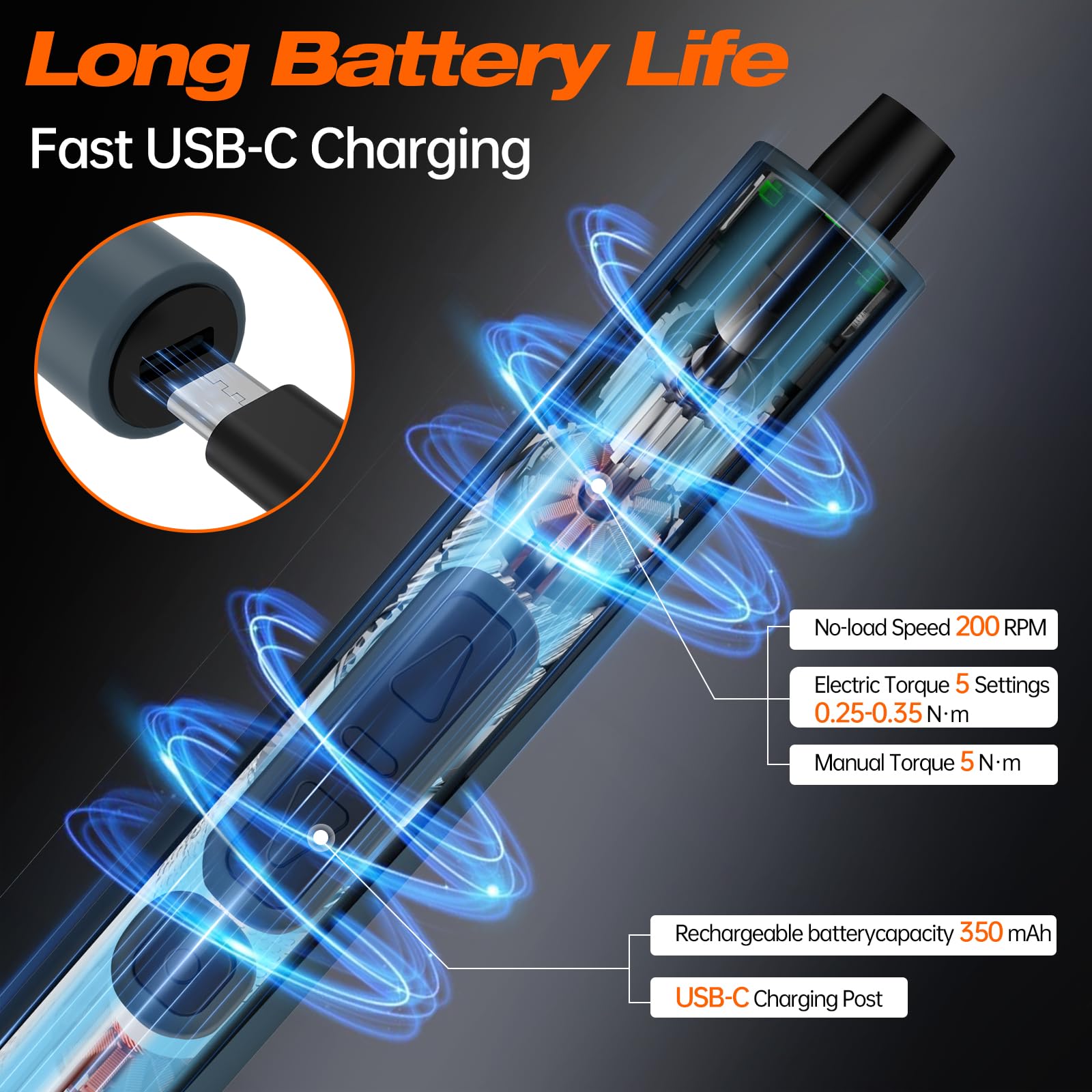 Mini-Elektro-Schraubendreher-Set, 71-teilig, CR-V-Bits, 200 U/min, kabelloser Treiber, USB-C wiederaufladbar 320 mAh, 0,15–0,35 N·m Drehmoment, 6,35 mm Sechskantfutter, Aluminiumgehäuse