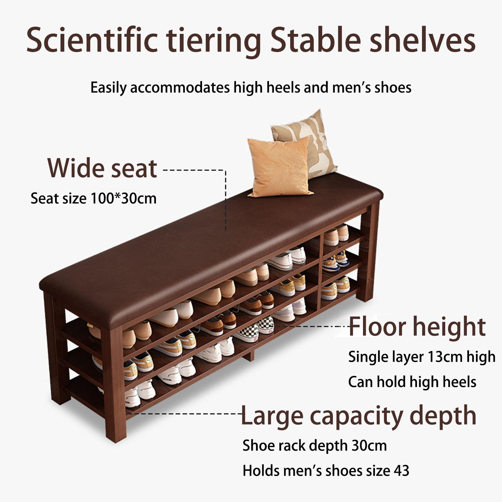 Banco de almacenamiento de zapatos duradero de 100 cm para exteriores con asiento de madera, elegante diseño de rejilla, zapatero móvil perfecto para uso en puerta delantera, color marrón.