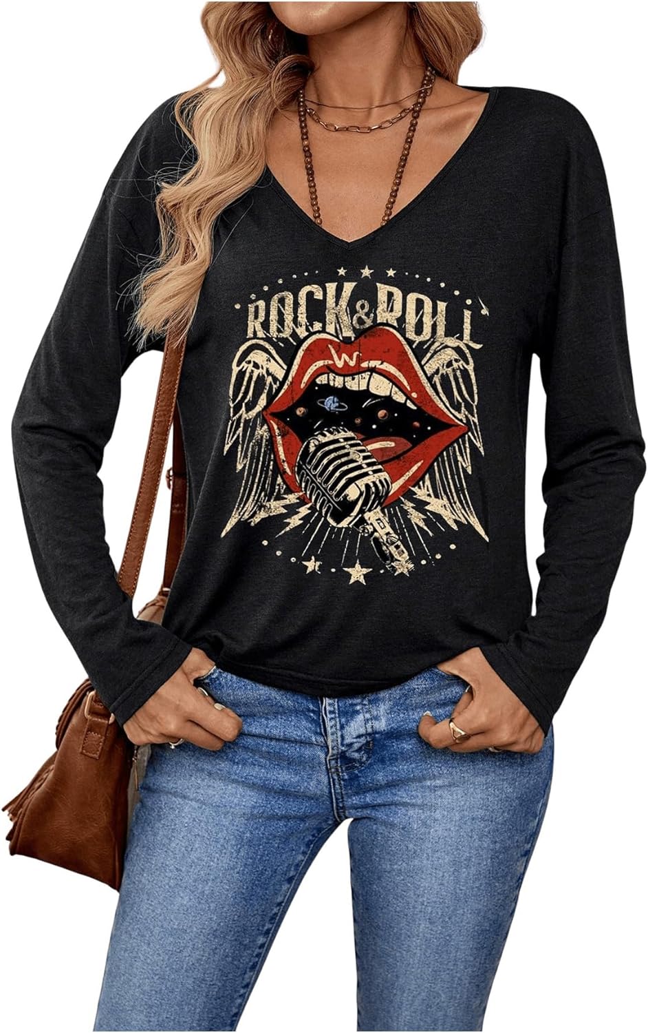 SOLY HUX Women's Graphic Tees V Neck Long Sleeve T Shirt Rock Roll Vintage Casual Tops