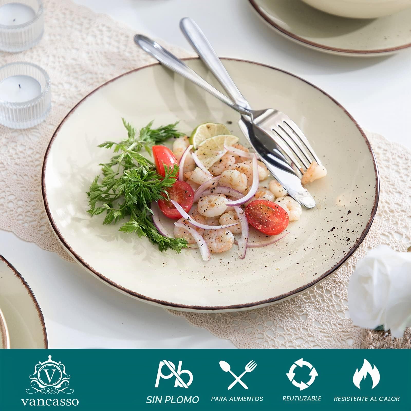 vancasso serie NAVIA Nature Juego de Vajillas 16 Piezas, con Platos de Cena, Postre, Cuencos y Tazas, Esmaltada Gres Vajillas Retro para 4 Personas（Beige）