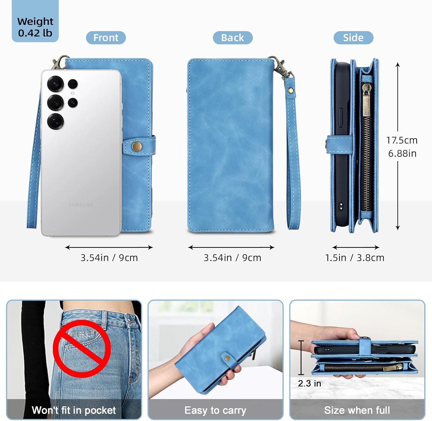 TwoHead for Samsung Galaxy S25 Ultra Wallet Case with Card Holder, Detachable Magnetic Phone Case for S25 Ultra,PU Leather All-Round Protective Phone Case Wallet with Wrist Strap(6.9 in,Sky Blue)