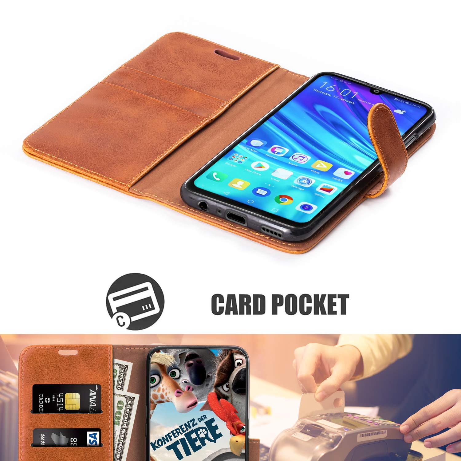 Custodia Magnetica Mulbess Per Huawei P Smart Plus 2019 / Honor 20 Lite, Portafoglio Con Fessura Carte, Blu Mint