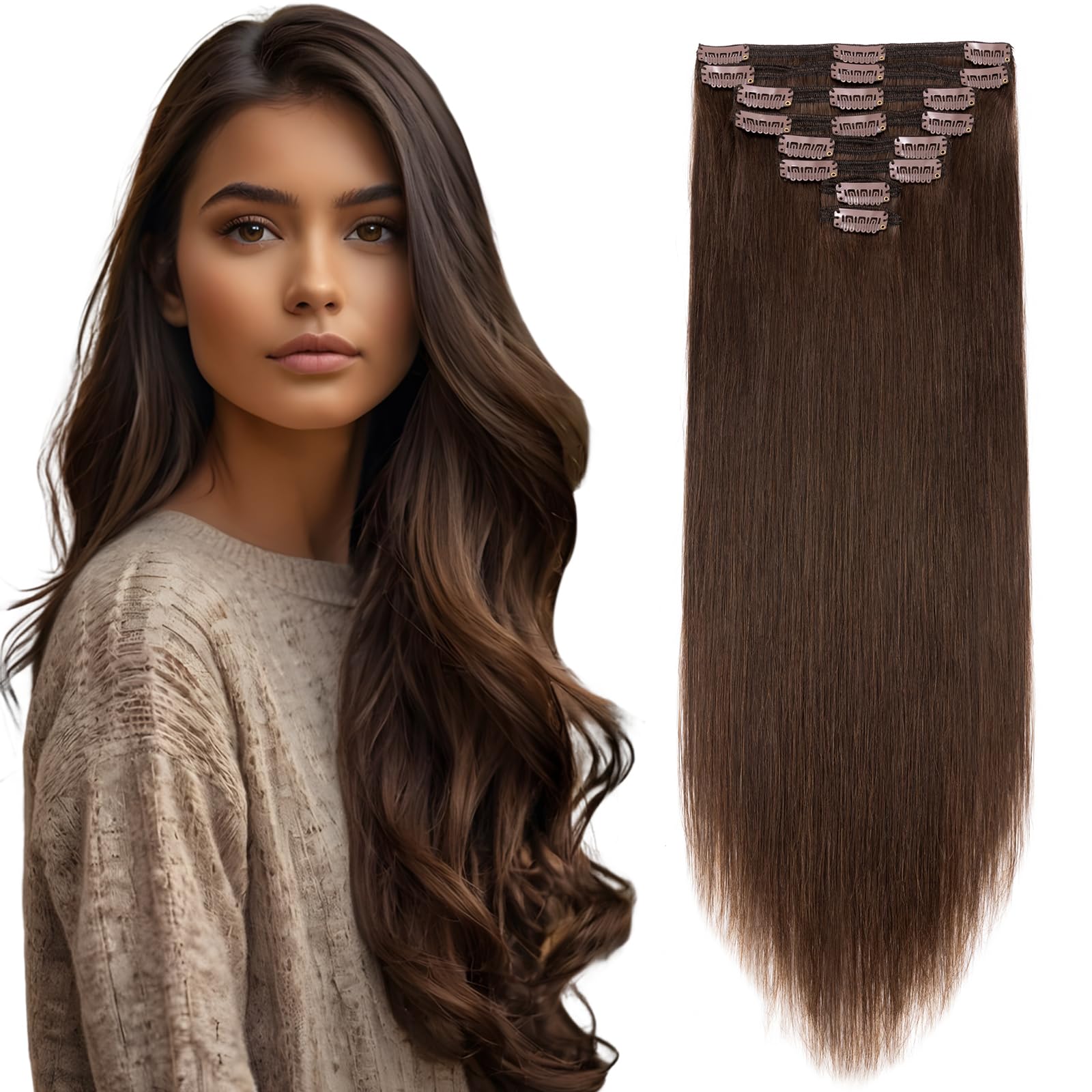 Elailite 14 Inch 120 g Clip in Human Hair Extensions Real Hair #4 Medium Brown Double Weft Thick Remy Natural Hair 8 Pieces Straight