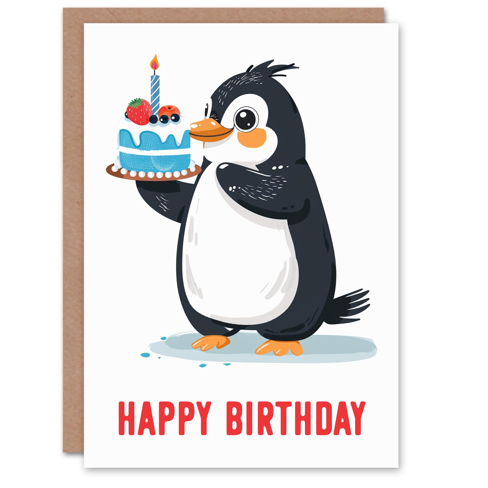 Artery8 Birthday Card Cute Penguin Holding Cake Bright Illustration For Son Daughter Girl Boy Kids Happy Card