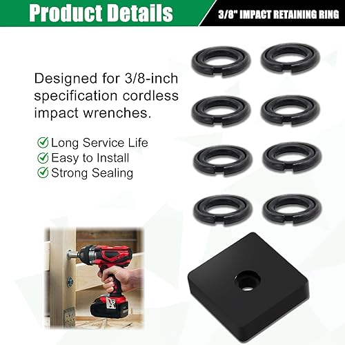 Miniatura 7 de Clip de anillo de retención de impacto de 3/8 pulgadas con junta tórica y herramienta de yunque, compatible con llave de impacto inalámbrica Negro