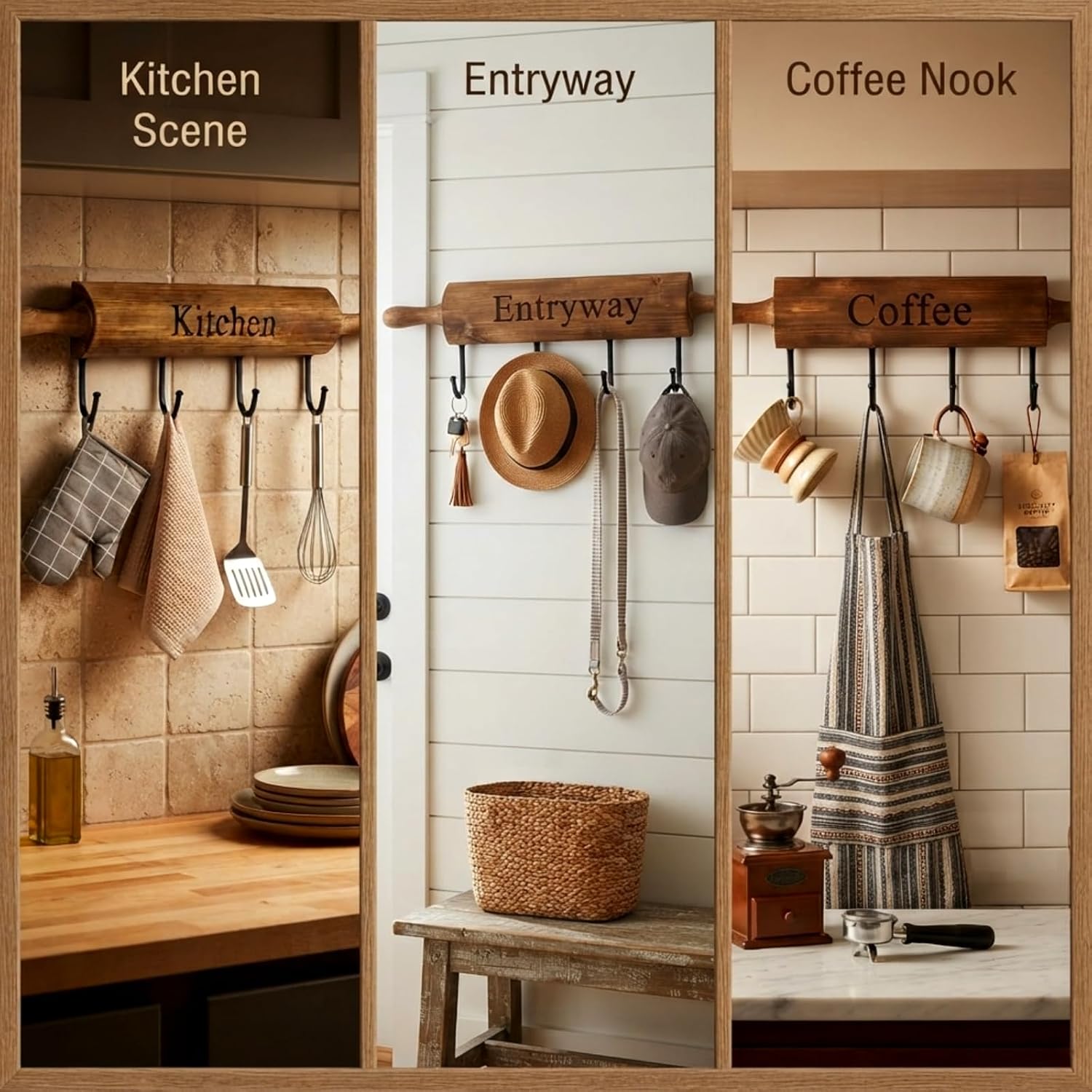 Yookeer Rustic Wood with Metal Hooks for Kitchen, with 4 Hooks