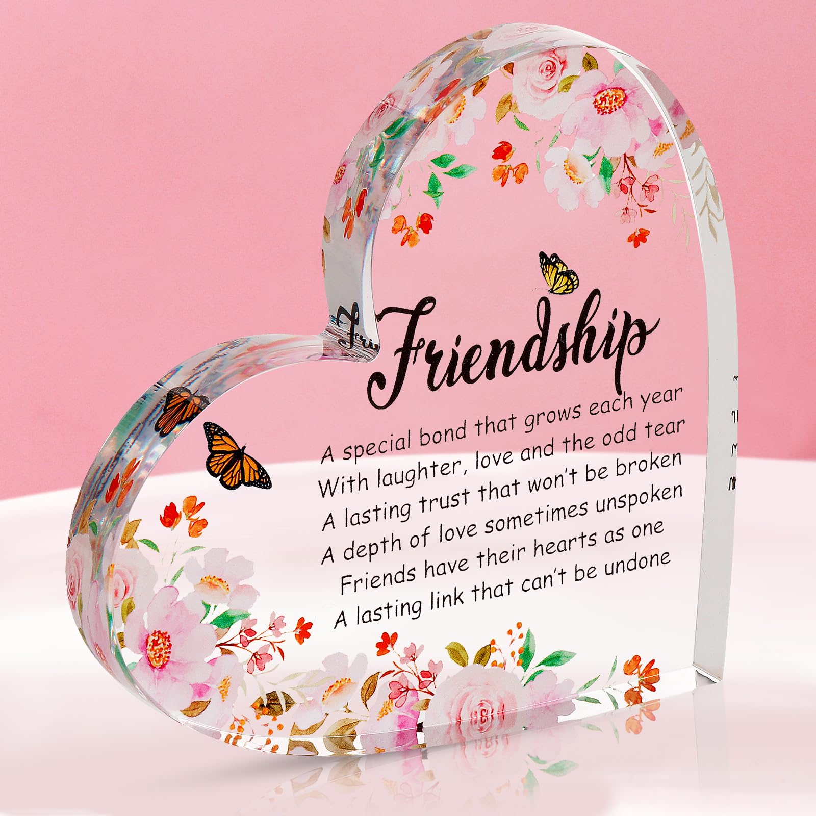 Cute Best Friends Gift - Acrylic Heart Plaque With Beautiful Floral Decorative Ornament - Sweet Transparent Friendship Gift for Birthday