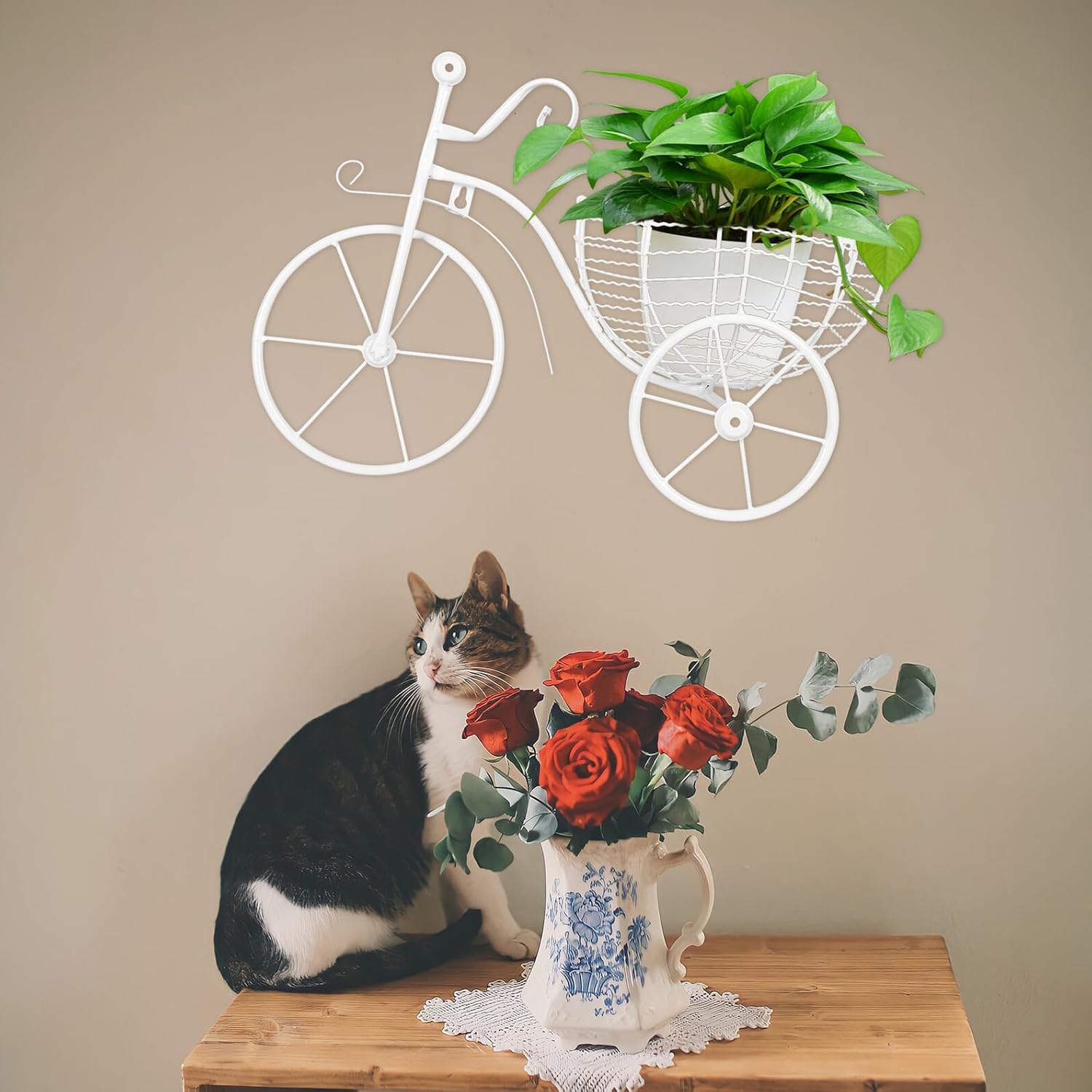 BESTonZON Wall Bike Planter Flower Holder White Iron Art Hanging Plant Container for Indoor Outdoor Garden Patio Balcony Wall Decor