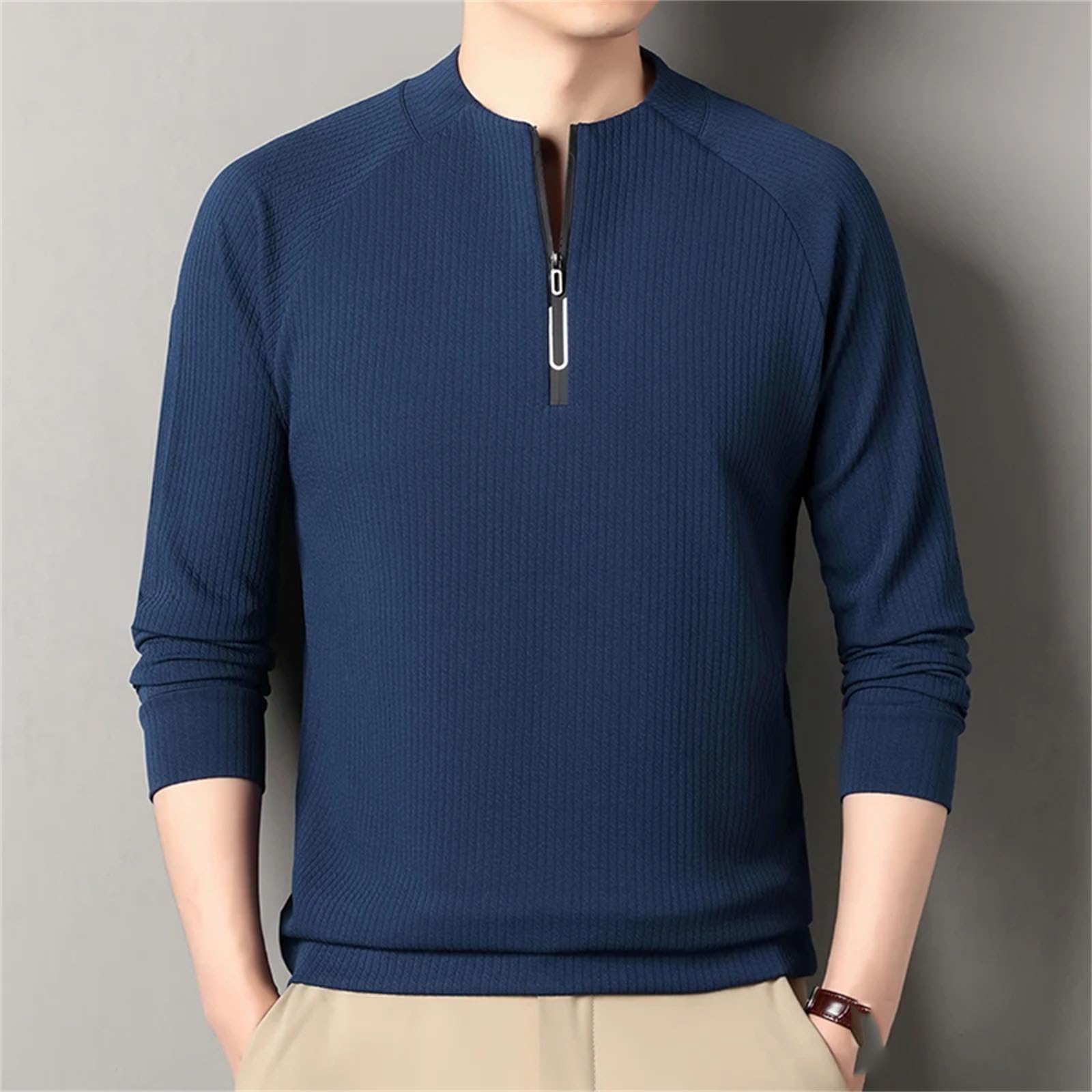 T-shirt da uomo con colletto rialzato, mezza zip, leggera, traspirante, a maniche lunghe, casual, alla moda, vestibilità larga