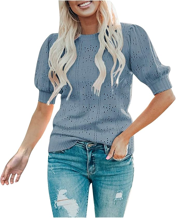 FNKDOR Women's Casual Half Sleeve Summer Tops Hollow Out Knit Top Solid