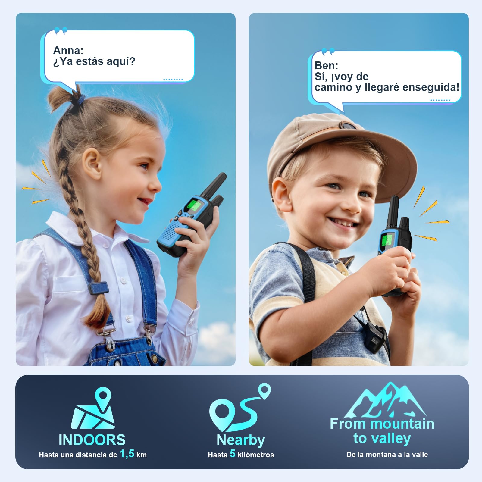 Walkie Talkie para Niños, Paquete de 3 Recargables, Radio de 16 Canales, Alcance de 5 km para Adultos, con Batería de Iones de Litio, VOX, Linterna LED, Pantalla LCD