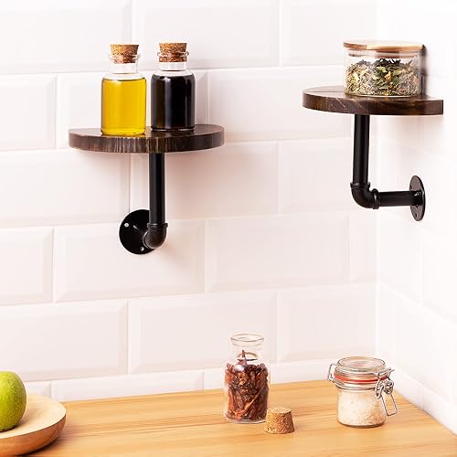 Miniatura 2 de Navaris Juego de estantes industriales de tubería  3 pequeños estantes de madera redondeados con soportes de estante  Estantería de madera montada