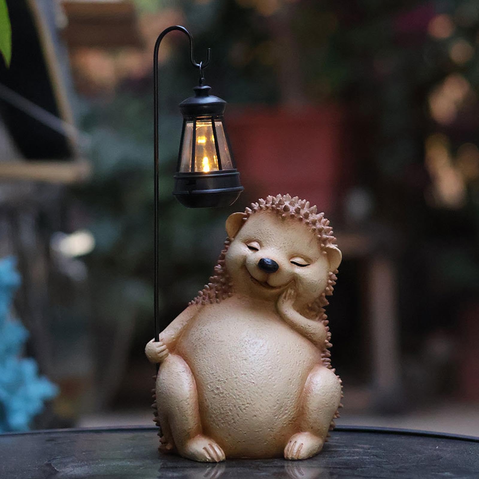 predolo Escultura de Animal de Resina, Estatua de Jardín con Luz Solar, Figura de Erizo con Farol para Uso Exterior, Ideal para Un Cumpleaños, MARRÓN