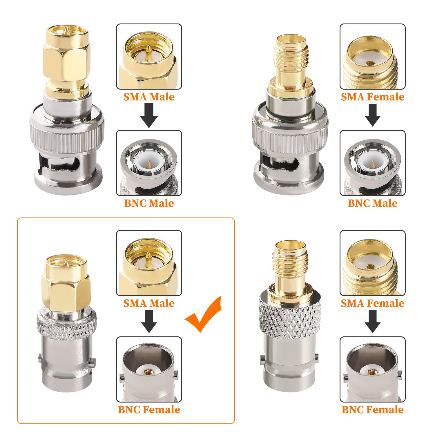 Adaptador BNC a SMA Macho, Conector Coaxial Hembra, para Antenas WiFi
