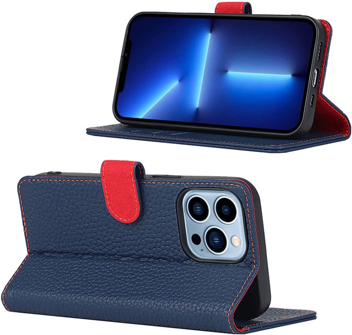 CYSUE CaseLeather Custodia per iPhone 13 Pro Max/13 Pro/13/13 Mini, custodia a portafoglio in vera pelle bovina di alta qualità con supporto porta carte di credito custodia magnetica (colore: blu