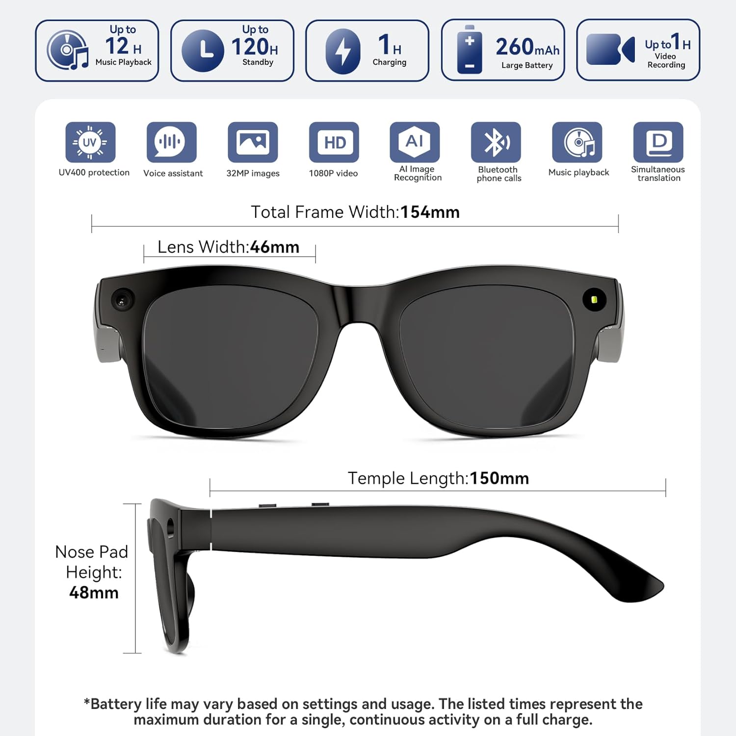 AI Smart Glasses 4K HD Camera, BT Call, 800W Anti-Shake Camera Glasses with Video Recording Dual Mic, Simultaneous Interpretation/GPT Identify Objects, Black Lens