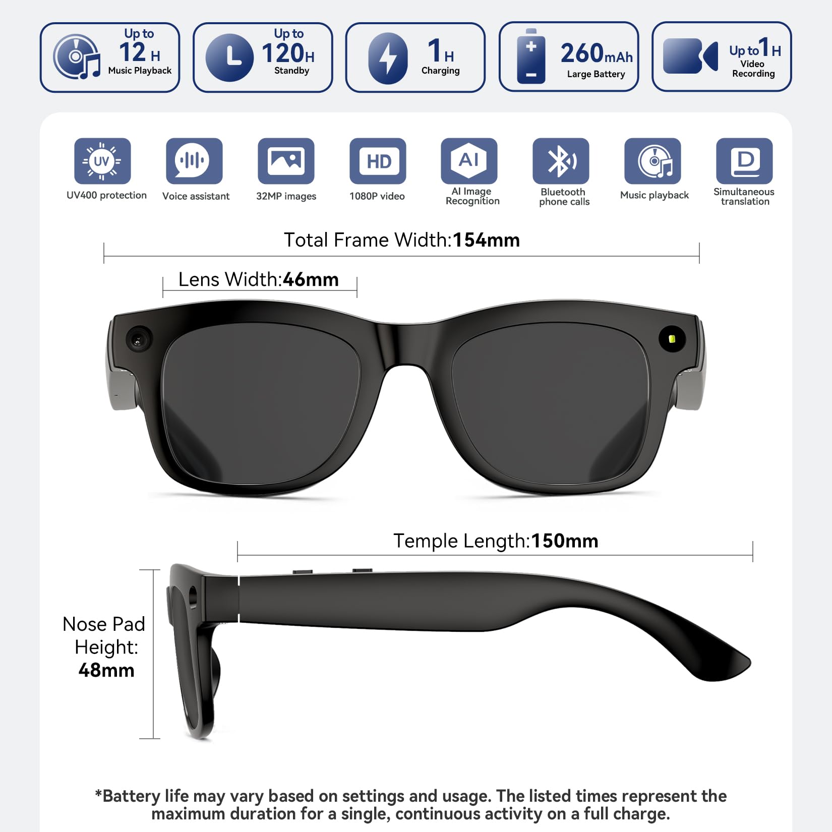 AI Smart Glasses 4K HD Camera BT Call - Dettaglio