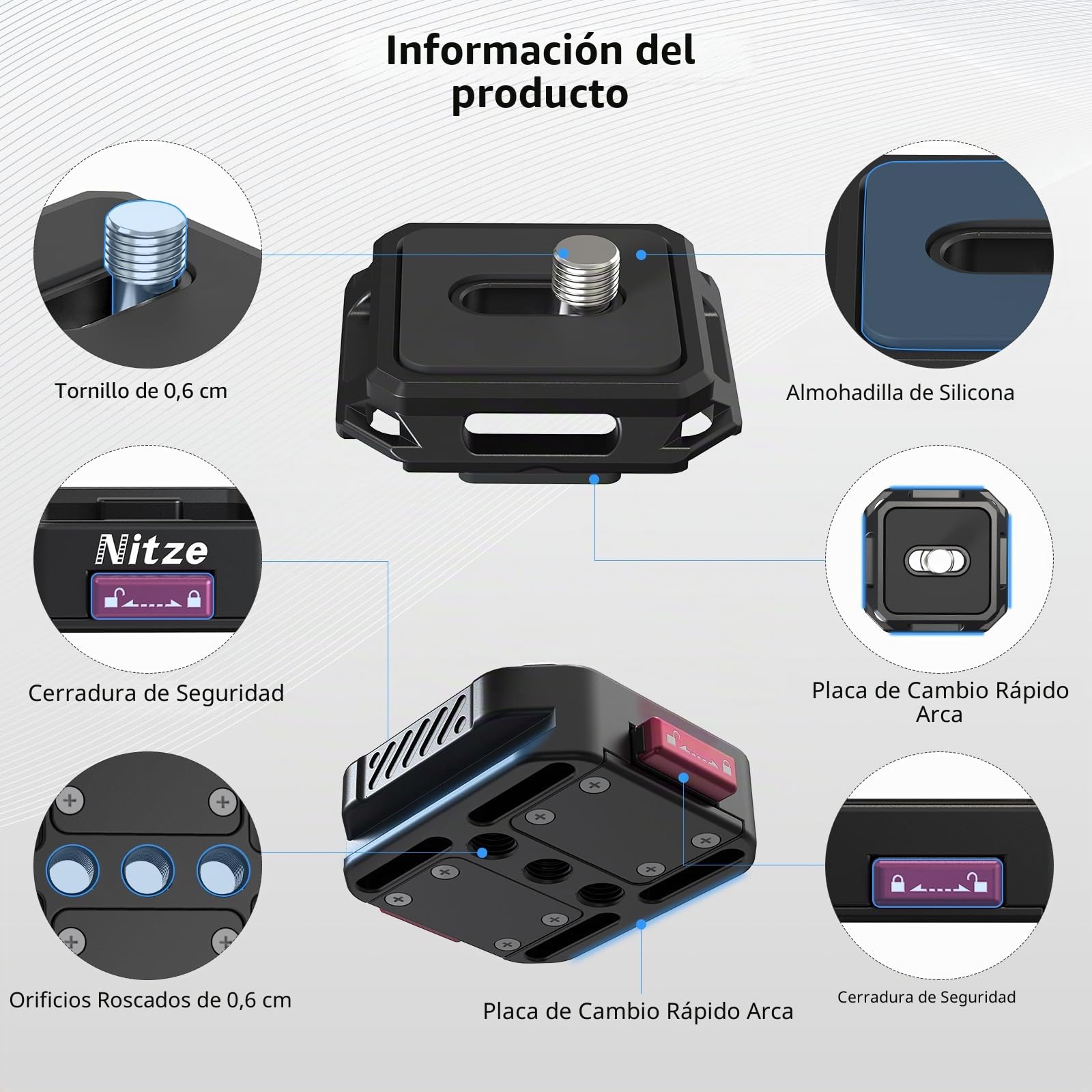 Nitze Placa de Liberación Rápida con Placa Arca QR y Tornillo de 1/4", Quick Release Plate para Plataformas de Cámara DSLR/Sin Espejo, QR Camera Mount Adapter de Carga útil de 10 KG - N51-A1