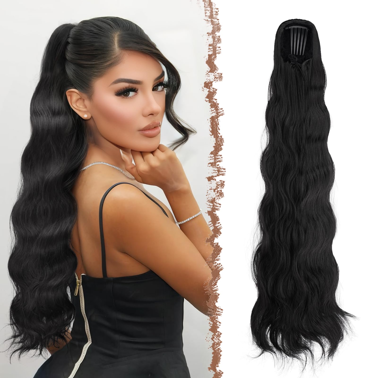 FESHFEN 75 cm Coda Cavallo Extension con Coulisse, Lunga Ricci Ondulati Coda Capelli Extension Sintetici Pettini Clip in Capelli Posticci, Nero Naturale Coda di Cavallo Naturale per Donna